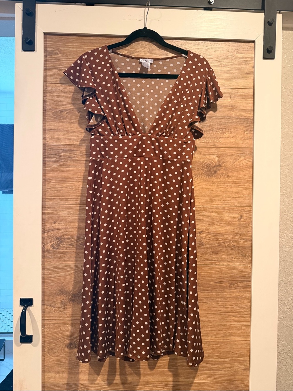 VENUS Brown Polka Dot V-Neck Midi Dress with Flutter Sleeves